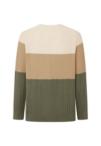 Jersey de punto con un diseño de bloques de color en crema, beige y verde oliva. Patrones texturizados y bordes acanalados en todo el suéter.