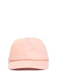 Weiche rosa Baseballmütze mit strukturierter Krone, flachem Schirm und genähten Akzenten. Besteht aus strapazierfähigem Baumwollstoff und hat eine schlichte Textur.