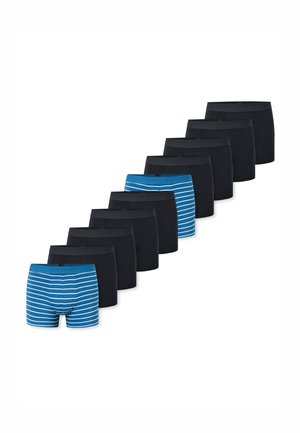 Tien paren herenboxershorts, met een effen zwarte kleur en één blauwe paar met horizontale witte strepen. Zacht stof, elastische tailleband.