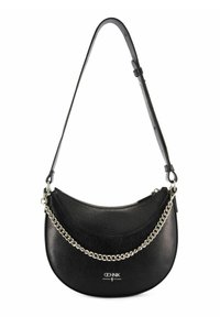 Czarna torebka w kształcie półksiężyca ze skóry o fakturze ziarnistej, z regulowanym paskiem, srebrnym łańcuszkiem, zamek błyskawiczny oraz logo marki Ochnik z przodu.