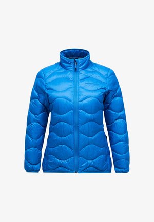 Blå, quiltet pufferjakke med høj krave, fuld lynlås og en glat, blank overflade. Har bølgemønster syning.
