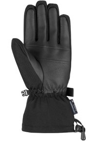 Schwarzer Handschuh mit Lederhandfläche und textiler Manschette. Verstellbarer Riemen am Bund für einen sicheren Sitz. Elegantes Design mit gepolsterten Bereichen.