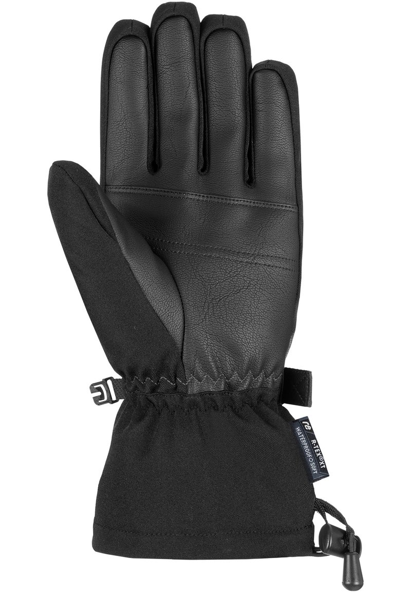 Schwarzer Handschuh mit Lederhandfläche und textiler Manschette. Verstellbarer Riemen am Bund für einen sicheren Sitz. Elegantes Design mit gepolsterten Bereichen.