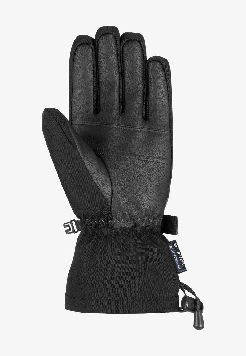 Black glove featuring a leather palm and textile wrist. Adjusting strap at the cuff for a secure fit. Sleek design with padded sections.