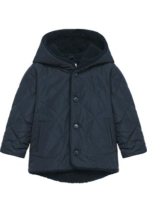 Veste matelassée noire à capuche avec fermeture à boutons-pression, deux poches frontales et doublure polaire douce visible à l'intérieur de la capuche.