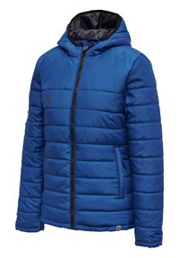 Giacca a vento blu con cappuccio, caratterizzata da un'imbottitura orizzontale, una zip centrale e dettagli del logo neri. Tessuto esterno liscio.