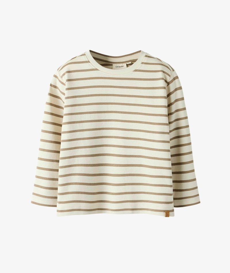 Langärmliges gestreiftes Hemd in Creme und Hellbraun, mit runden Halsausschnitt und weichem Stoff. Mit einem kleinen Logotag am Saum.