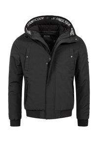 Black padded jacket featuring a detachable hood, zippered front, side pockets, and ribbed cuffs. Interior has logo detail along the hood.