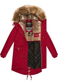 Manteau d'hiver long rouge avec capuche en fausse fourrure, doublure intérieure noire matelassée, cordons de taille ajustables et plusieurs poches avant.