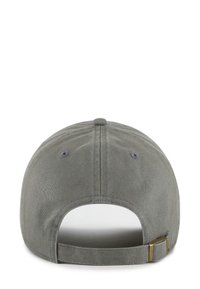 Gray baseball cap shown from the back with adjustable strap and brass buckle closure on a white background.