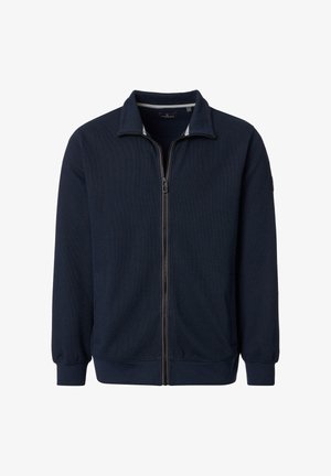 Veste zippée marine en tissu texturé, dotée d'un col montant, de deux poches latérales et de poignets et d'un ourlet côtelés pour un ajustement confortable.