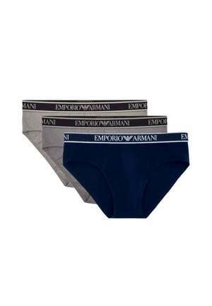 Tre slip da uomo in blu navy, grigio scuro e grigio chiaro con fascia in vita nera con loghi bianchi Emporio Armani e stemmi con aquile.