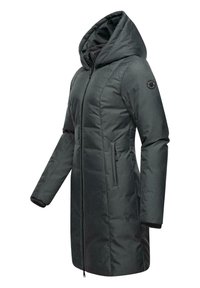 M örkgrå vadderad vinterjacka med stor huva, dragkedja fram, sidofickor och ribbade ärmslut. Slät textur med subtil glans.