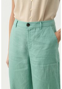Pantalons en lin vert clair offrant une coupe décontractée, deux poches latérales, une fermeture à bouton et des détails de ceinture cousus.