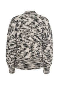 Maglione lavorato a maglia con un motivo testurizzato in nero e crema. Presenta maniche lunghe e un collo rotondo. Tessuto spesso e caldo, con polsini e orlo elasticizzati.