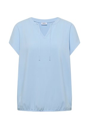 Vaaleansininen lyhythihainen pusero, jossa V-aukko ja kiristysnauhat, joustava helma sekä sileä, kevyt kangas.