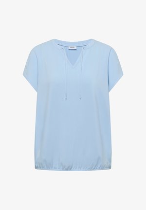 Hellblaue Kurzarmbluse mit V-Ausschnitt und Kordelzügen, elastischem Saum und glattem, leichtem Stoff.