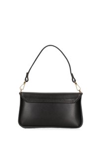 Borsa in pelle nera con una superficie liscia, forma rettangolare e manico intrecciato removibile. Accenti in oro nei punti di attacco.
