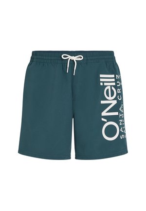 Vihreät uima-shortsit, jotka on valmistettu nopeasti kuivuvasta materiaalista. Sivussa on valkoinen logomerkintä ja joustava vyötärönauha, jossa on nauha.