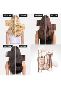 Cuatro pares de transformación capilar muestran resultados de antes (encrespado/seco) y después (suave/brillante). Los productos presentados incluyen Kerastase Gloss Absolu.