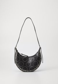 Black leather handbag with a curved shape, featuring circular cutouts and silver studs. Includes a single adjustable strap.