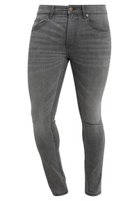 Slim-fit grå denimjeans med en slät textur, femfickorsdesign och metallknapp i midjan.