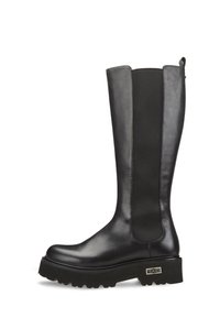 Czarne kozaki za kolano z gładką skórzaną powierzchni�ą, elastycznymi panelami po bokach i grubą, teksturowaną podeszwą. Ozdobione małym metalicznym logo.