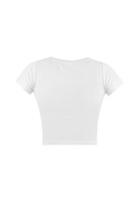 Weißes, kurzärmliges Cropped-T-Shirt aus glattem Stoff. Runder Ausschnitt, nahtloses Design ohne Muster oder Hardware.