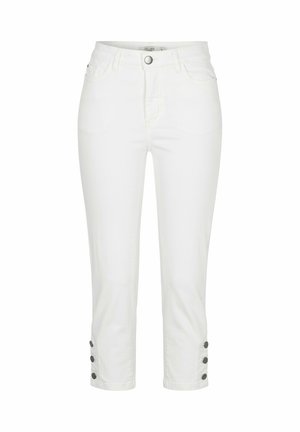 Hvide kaprede bukser med forlommer, knaplukning i taljen og tre sorte knapper på ydersiden af hvert bukseben.