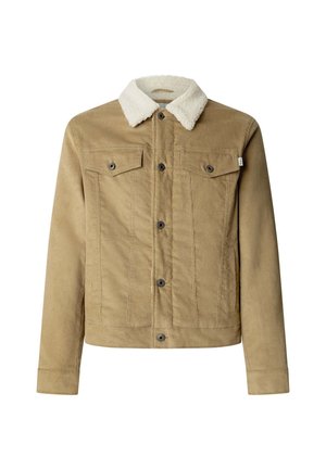 Teddyjacke in Tan mit einem Kunstfellkragen. Verfügt über zwei Brusttaschen, Knopfverschlüsse und lange Ärmel. Strukturiertes Gewebe.