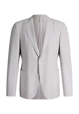 Blazer da uomo grigio chiaro con due bottoni, rever con intaglio e due tasche frontali a toppa, esposto su sfondo bianco.