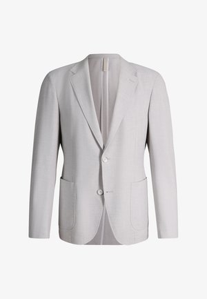 Blazer da uomo grigio chiaro con due bottoni, rever con intaglio e due tasche frontali a toppa, esposto su sfondo bianco.
