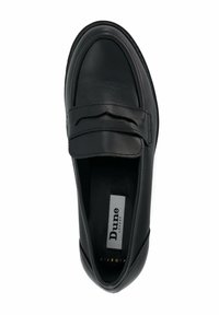 Black leather loafers with a smooth texture, featuring a decorative strap and stitched accents. Interior label indicates brand name.