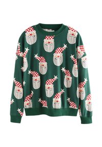 Felpa verde con un motivo ripetuto di volti di Babbo Natale con cappelli a scacchi rossi e bianchi e barbe bianche, realizzata in tessuto morbido.