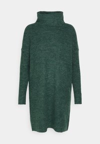 Grön stickad polokragsklänning med långa ärmar, med en avslappnad passform, sidoklyftor och textil för värme.