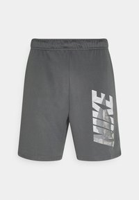 Graue Sportshorts mit elastischem Bund, ausgestattet mit einem großen strukturierten dunkelgrauen Logo auf der linken Seite. Hergestellt aus leichtem, atmungsaktivem Stoff.