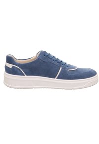 Blaue Wildleder-Sneaker mit weißer Gummisohle, runder Zehenpartie und traditionellem Schnürdesign; verfügt über strukturierte Akzente und minimalen Nähten.