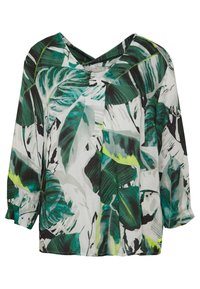 Bluzka z krótkim rękawem w tropikalny wzór liści w zieleni i bieli. Dekolt w kształcie litery V, luźny krój i miękka, lekka tkanina.