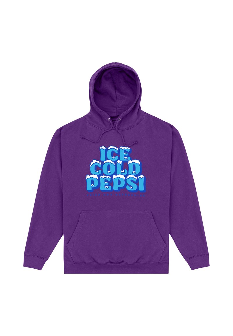 Felpa viola con tasca frontale e testo blu che recita "ICE COLD PEPSI" con cime di neve e la frase "CRISP AND REFRESHING" sotto.