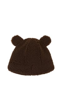 Bruine fleece muts met een pluche textuur en twee oorkleurige accenten bovenop. Rondvormig, ideaal voor warmte en comfort.