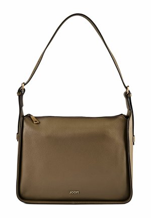 Brązowa skórzana torebka na jedno ramię, z złotym zamkiem błyskawicznym i małym logo "JOOP!" umieszczonym centralnie w pobliżu dołu.