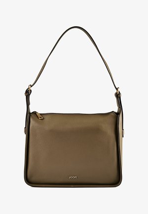 Rjava usnjena ročna torbica z enim naramnim trakom, zlatim zadrgo in majhnim logotipom „JOOP!“, ki je centriran blizu spodnjega dela.