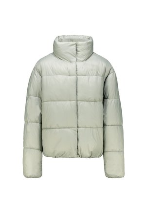 Light gray padded puffer jacket with high collar, long sleeves, and horizontal stitching, shown from front on a white background.