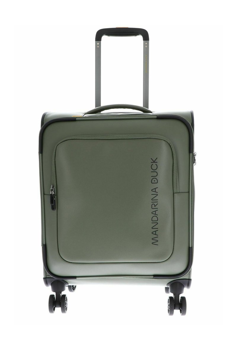 Valigia rigida verde con superficie liscia, tasca frontale con zip, manico telescopico e quattro ruote per una facile mobilità.