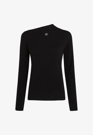 Črn dolg rokav s asimetričnim izrezom in oprijetim krojem. Ima majhen vezen logotip na prsih. Mehak teksturiran material.