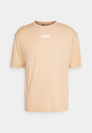 Beige short-sleeve crewneck T-shirt with white "K-WAY" logo centered on the chest, displayed on a plain light gray background.