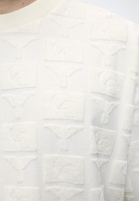 Λευκό υφασμάτινο ύφασμα με ανάγλυφα τετράγωνα και πουλερικά σχέδια σε έναν διακριτικό επαναλαμβανόμενο σχεδιασμό σε ρούχα.