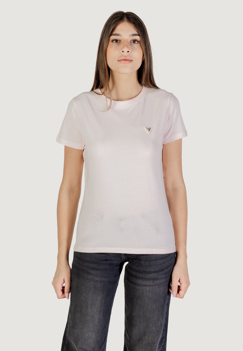 T-shirt rosa chiaro a maniche corte realizzato in tessuto morbido, con un piccolo logo triangolare sul petto e un classico scollo rotondo.