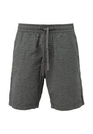 Graue Herren-Shorts aus strukturiertem Stoff mit elastischem Bund und vorderem Kordelzug, knielanges Design.