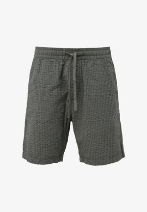 Graue Herren-Shorts aus strukturiertem Stoff mit elastischem Bund und vorderem Kordelzug, knielanges Design.